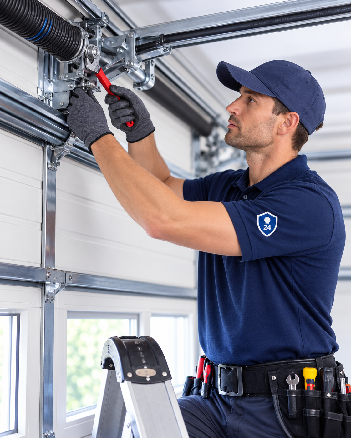 Servicetechniker auf Trittleiter repariert Torsionsfeder eines Sektional-Garagentors