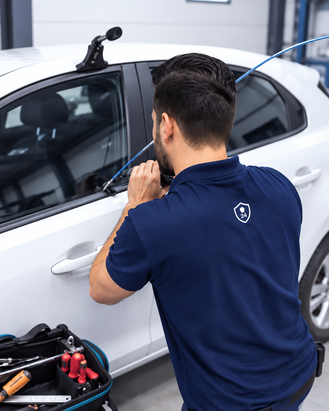 Techniker öffnet mit Spezialwerkzeug schonend eine Autotür