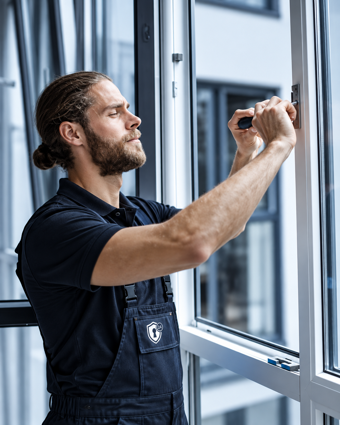 Handwerker justiert und repariert Beschlag eines Fensters
