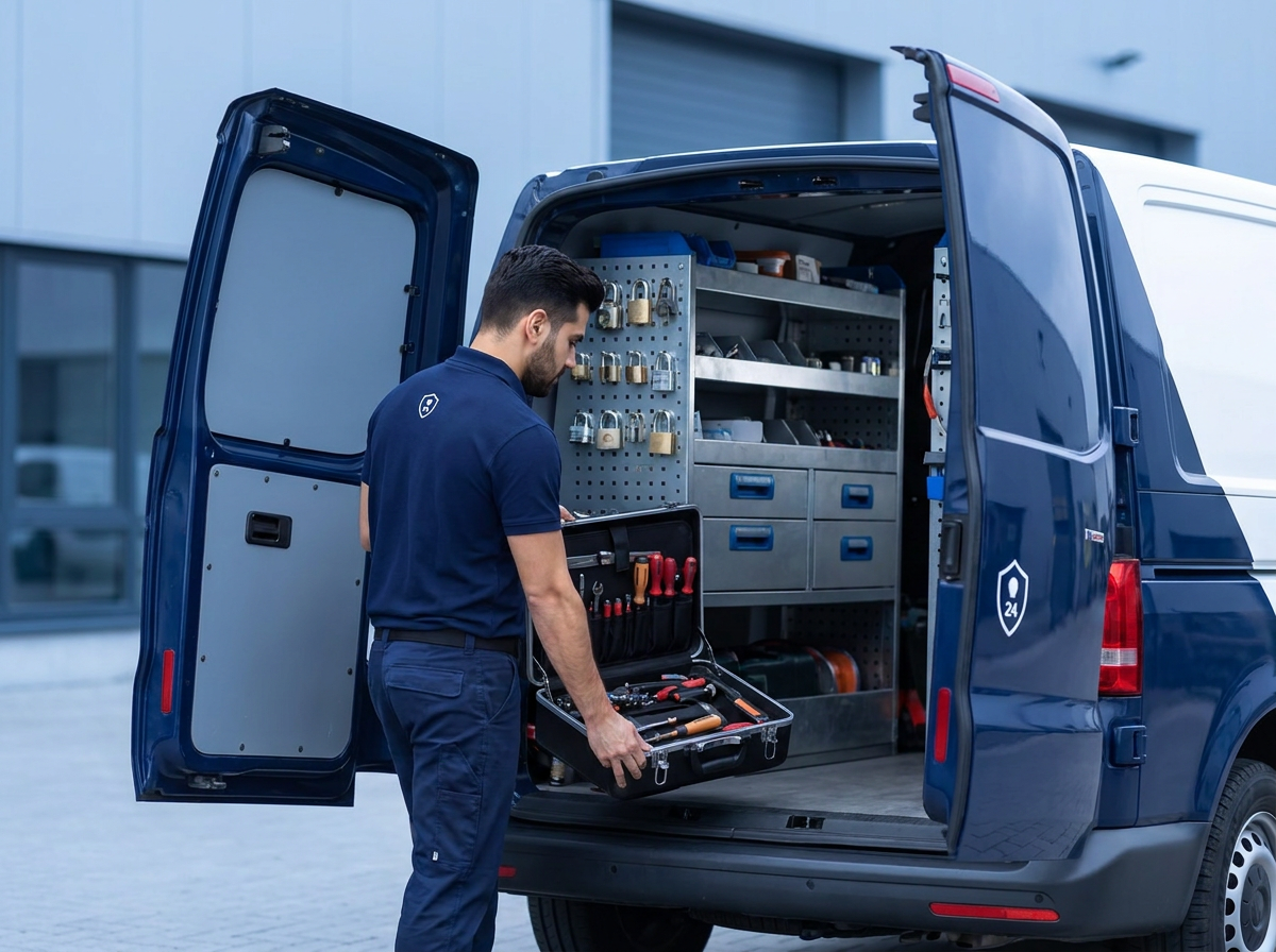 Handwerker belädt den Servicewagen von Türöffnung24 mit Werkzeug und Zylindern