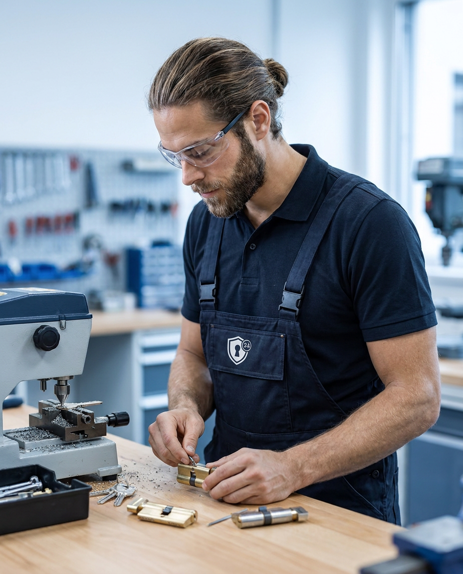 Handwerker montiert einen Schliesszylinder an der Werkbank