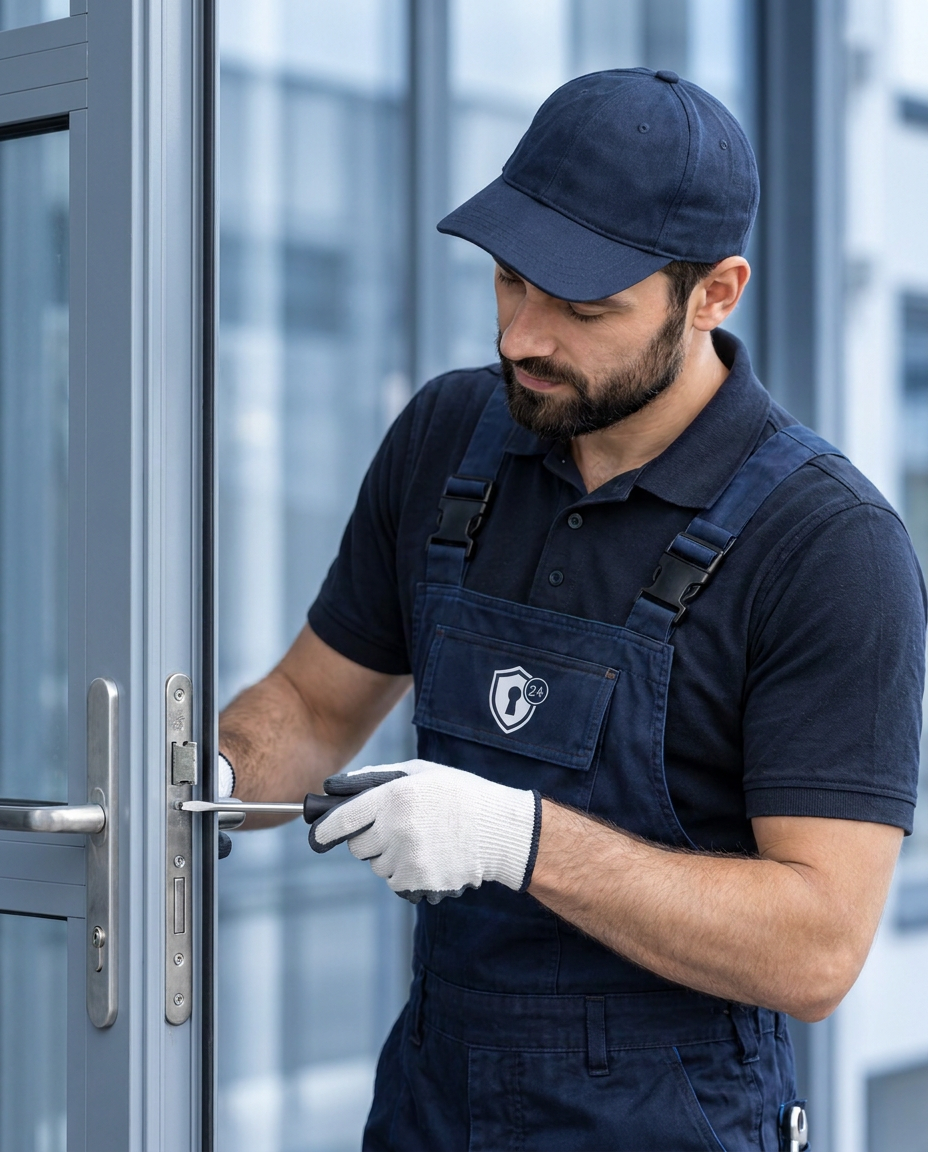 Handwerker justiert die Mehrpunktverriegelung einer Tür