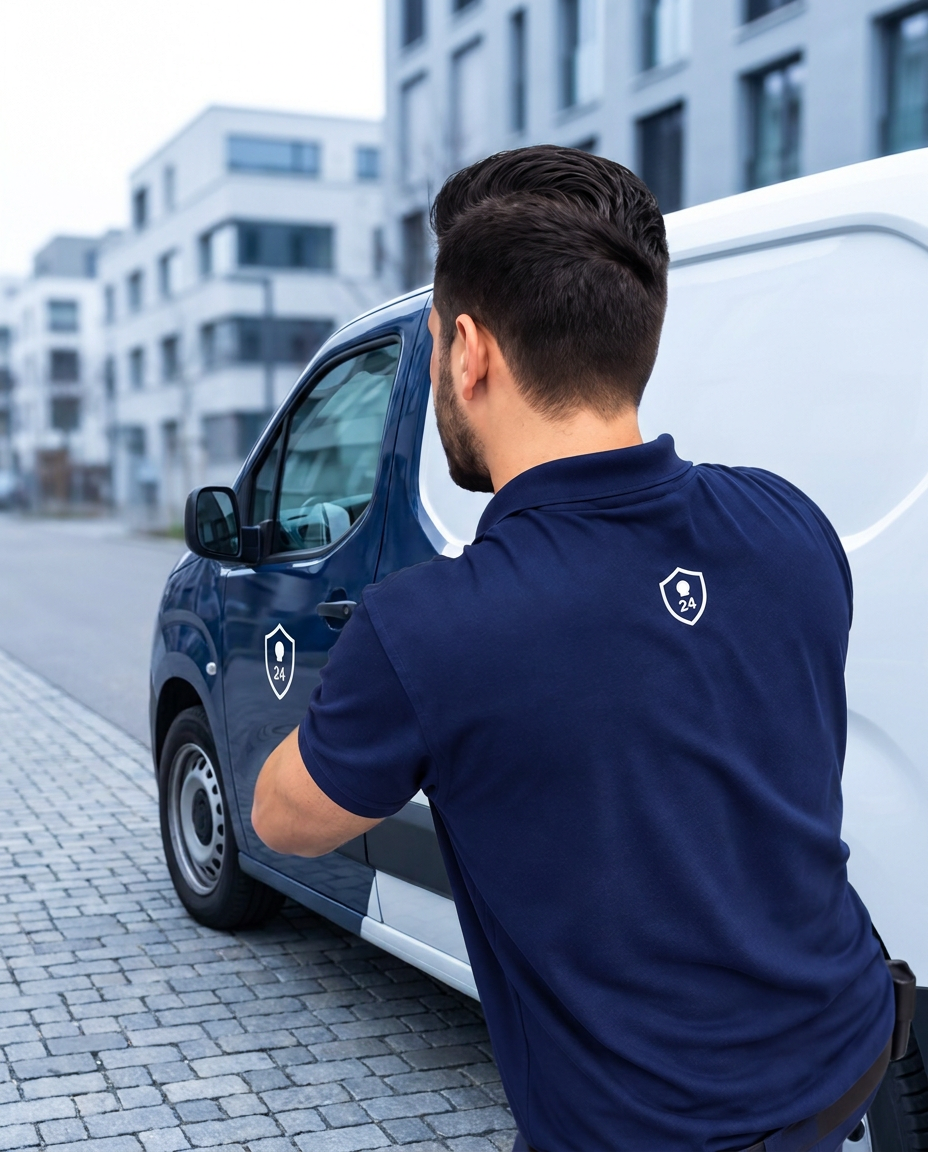 Handwerker neben dem Servicewagen von Türöffnung24